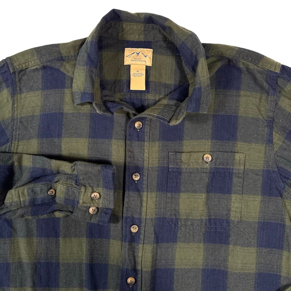 Blue  Mountain Plaid Flannel Button Down Men's Med Long Sleeve Blue/Green Cotton